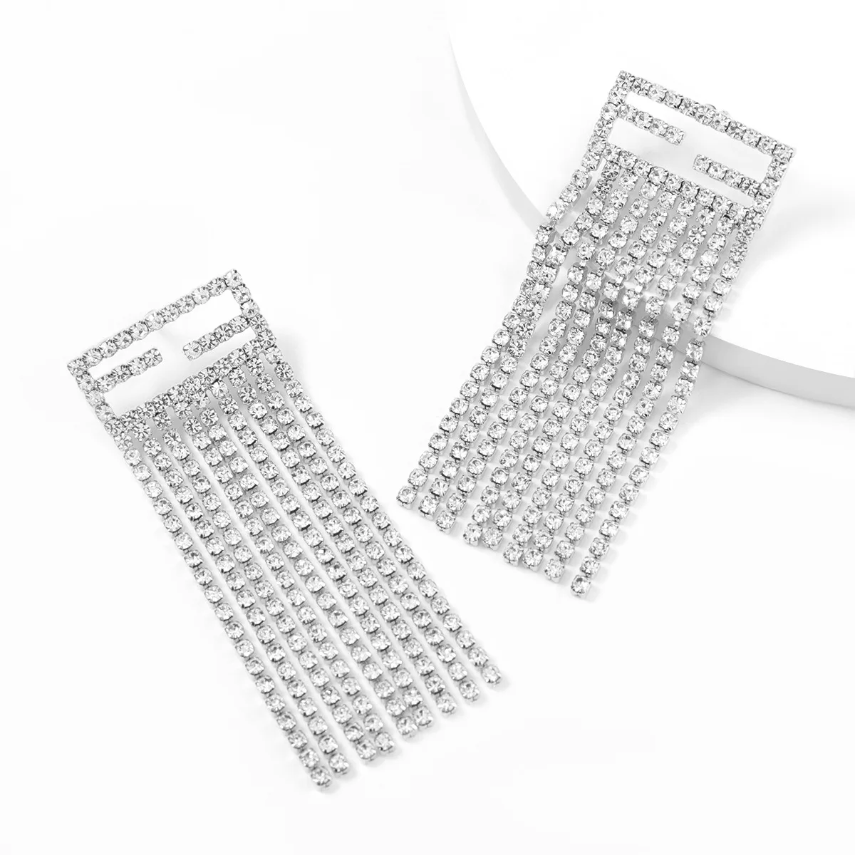 

Exaggerated Jewelry Crystal Rhinestone Square Tassel Dangle Earrings Full Diamond Geometric Tassel Earrings