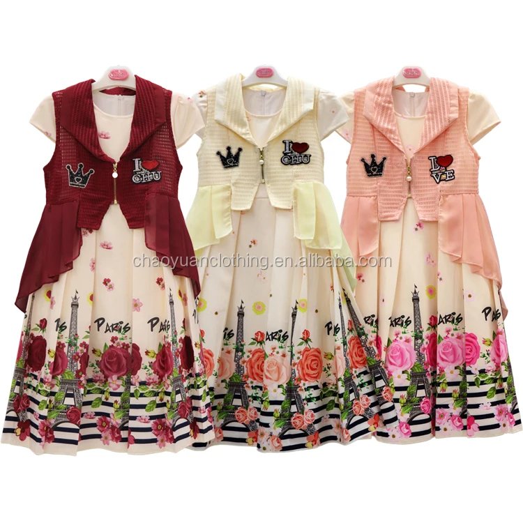 

Cheap Children Clothing Girls dress Set cap Sleeve Round Neck Floral Sweet Dress with mesh sleeveless coat, As pictures/various colors available