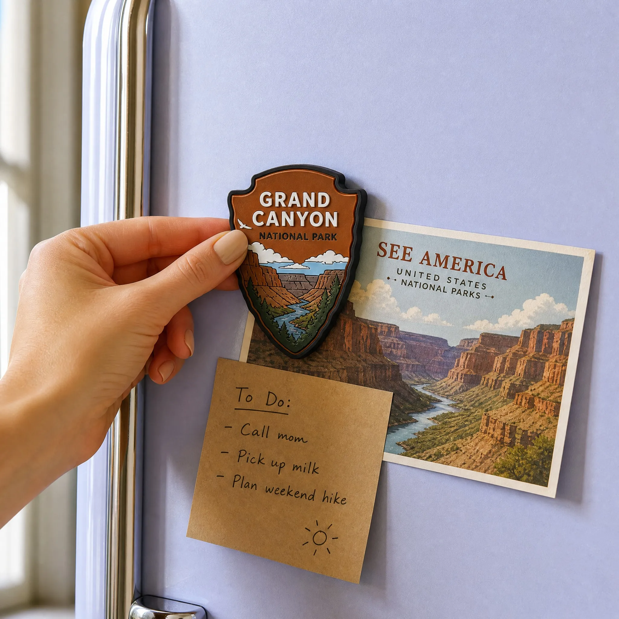 Grand Canyon Arrowhead Magnet Holding Postcard and Todo Memo on Fridge