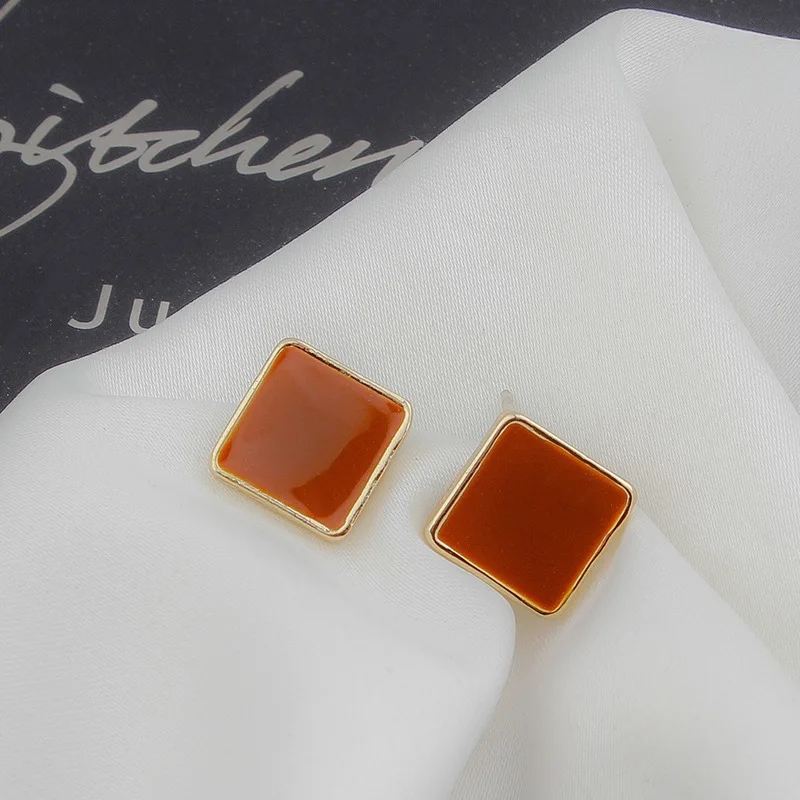 

JUHU 2021 New Elegant Temperament Coffee Color Dripping Simple Earrings S925 Silver Needle Square Earrings Alloy Earrings, Golden,primary