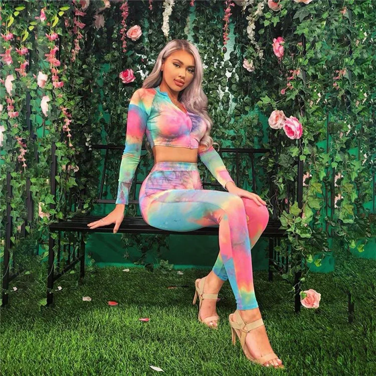 

Crop Long Sleeve Top Rainbow Tie Dyeing Two Tight Long Trousers tie dye two piece set fancy new womens clothing