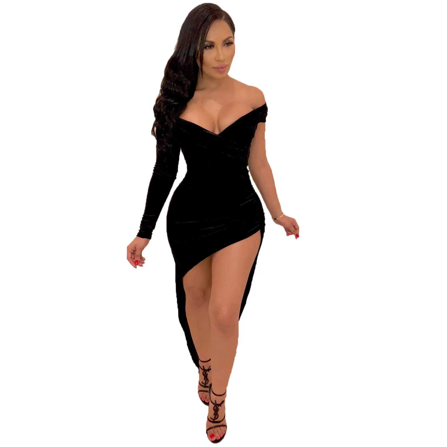 

Fashion Irregular Elegant Ladies Sexy V-neck Slash Off Shoulder Split Dresses Party Elegant Dresses Women, Picture color