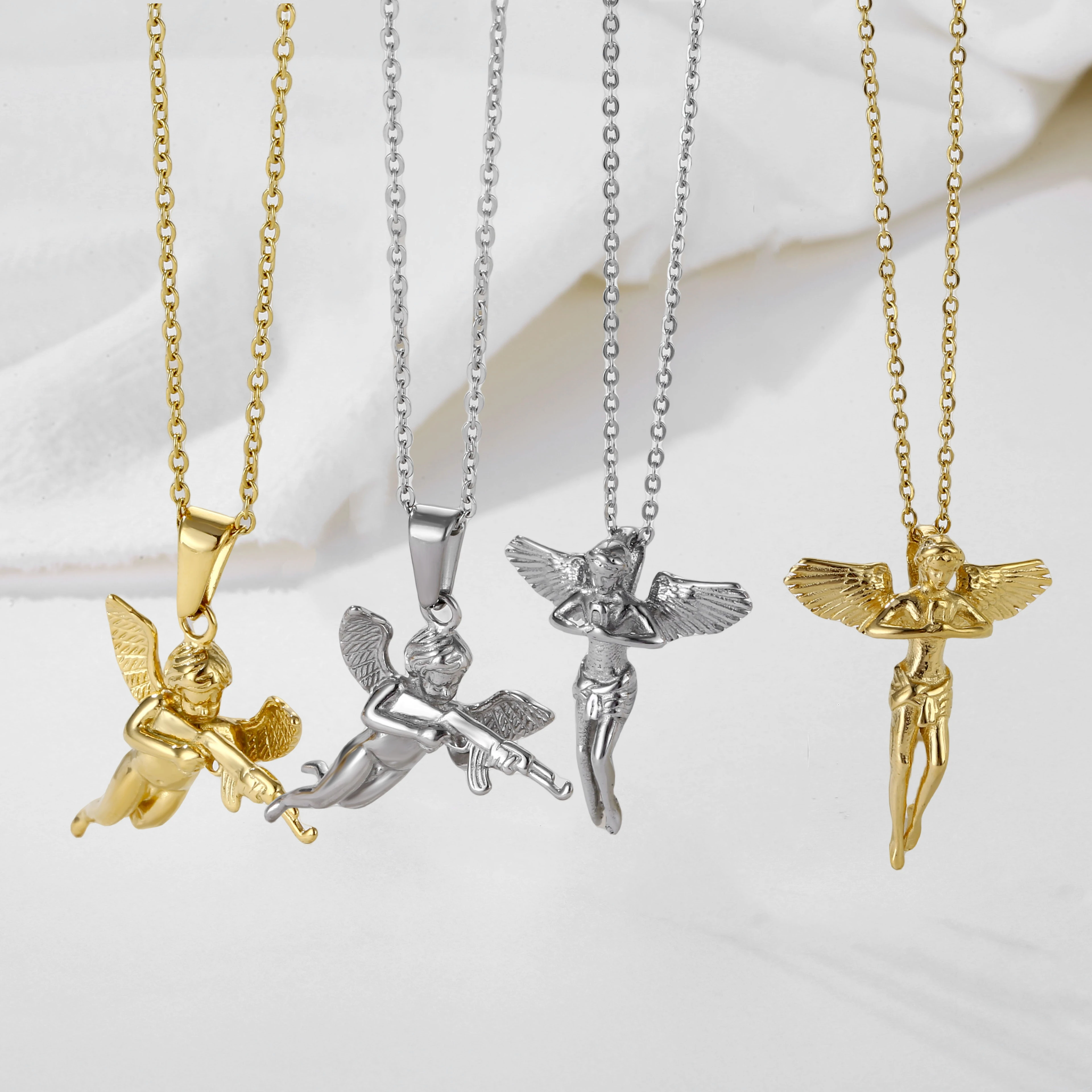 

Hip Hop Classic Stainless Steel Jewelry Vintage Greek Retro Wing Pendant Angel Gold Necklace For Women Men