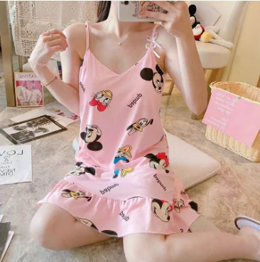 

Summer Female Sexy Sling Mid-length Lovely Sleeping Nightdress With Chest Pad Nightgowns Pajamas