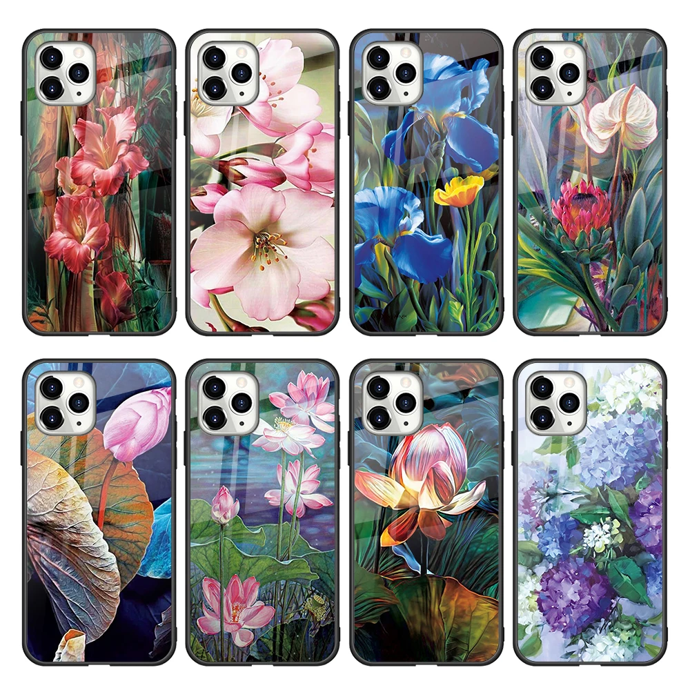 

Custom Print Designer Glossy Hard Tempered Glass Phone Case For Iphone 13 Pro Max Flowers Back Cover For Samsung S21