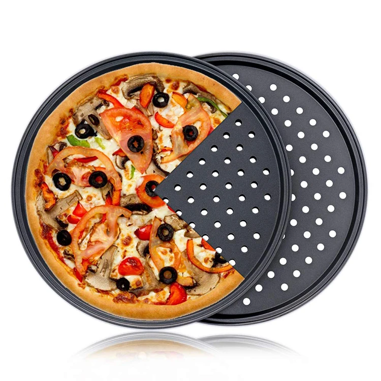 

Carbon Steel Perforated Baking Pan With Nonstick Coating Round Pizza Crisper Tray Tools Bakeware Set Kitchen Tools Pizza Pans, Black