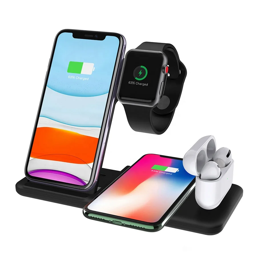 

Qi 4 in 1Wireless Charger Mobile Phone Stand 20W Fast Charging Station Chargers Wireless Charger Holder For Apple Watch, White, black
