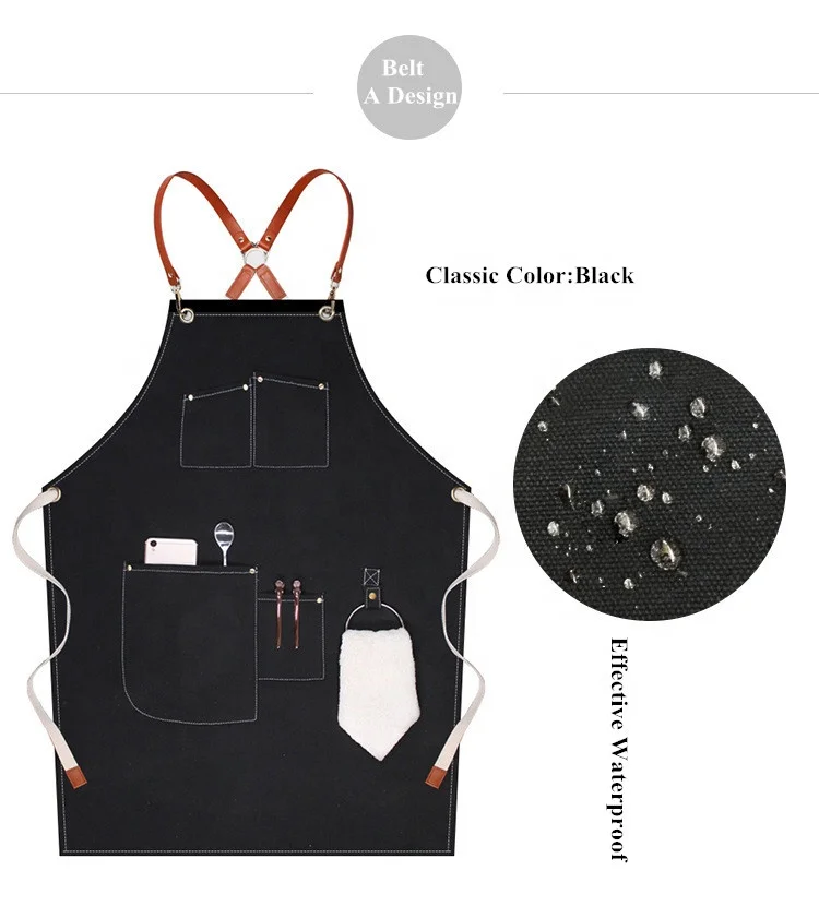

Canvas Waterproof Apron Customized LOGO Printing Florist Barista Thick Canvas Jeans Belt Black Fashion Sleeveless Apron, Can be customized
