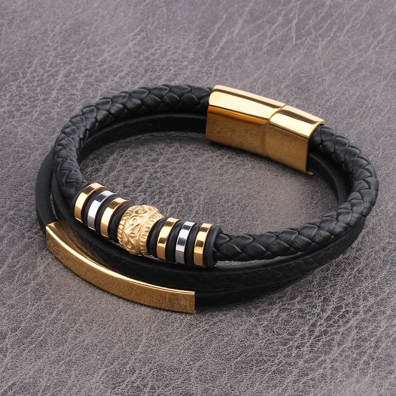

Bestone Custom Fashion Braided Wristband Bangle Leather Stainless Steel Bracelet Men