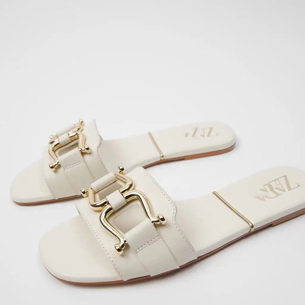 

Brand shoes women flats slippers gold buckle decor faux leather lady slides open toe female mules summer fashion in white
