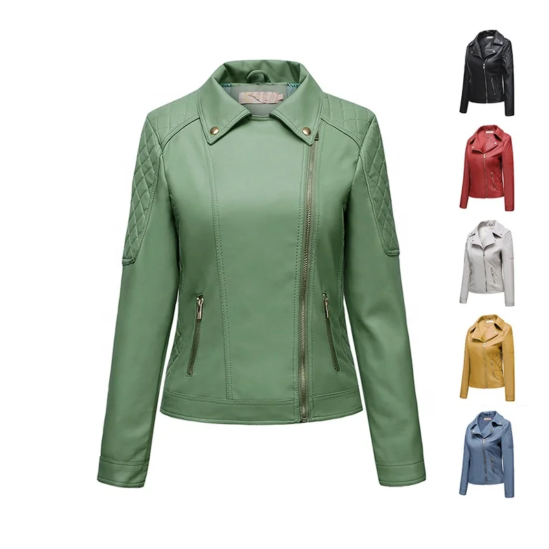 

Wholesale Streetwear Fashion Plain Color Zipper Pockets Crop Leather Jacket Women