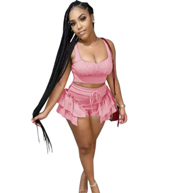 

latest 2021 plain blank 7colors crop top with ruffle flounced shorts two piece 2 piece summer short set