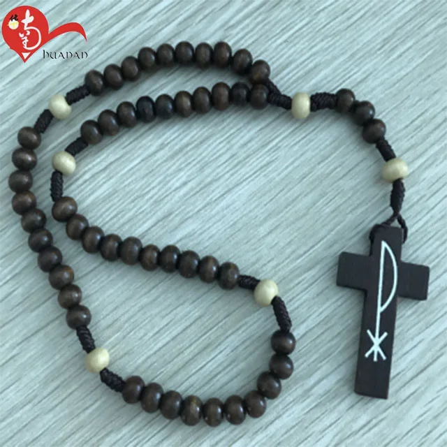 

Best Selling Catholic Dark Brown With Cream Colored Wood Beads Handmade Cross Necklace, Picture