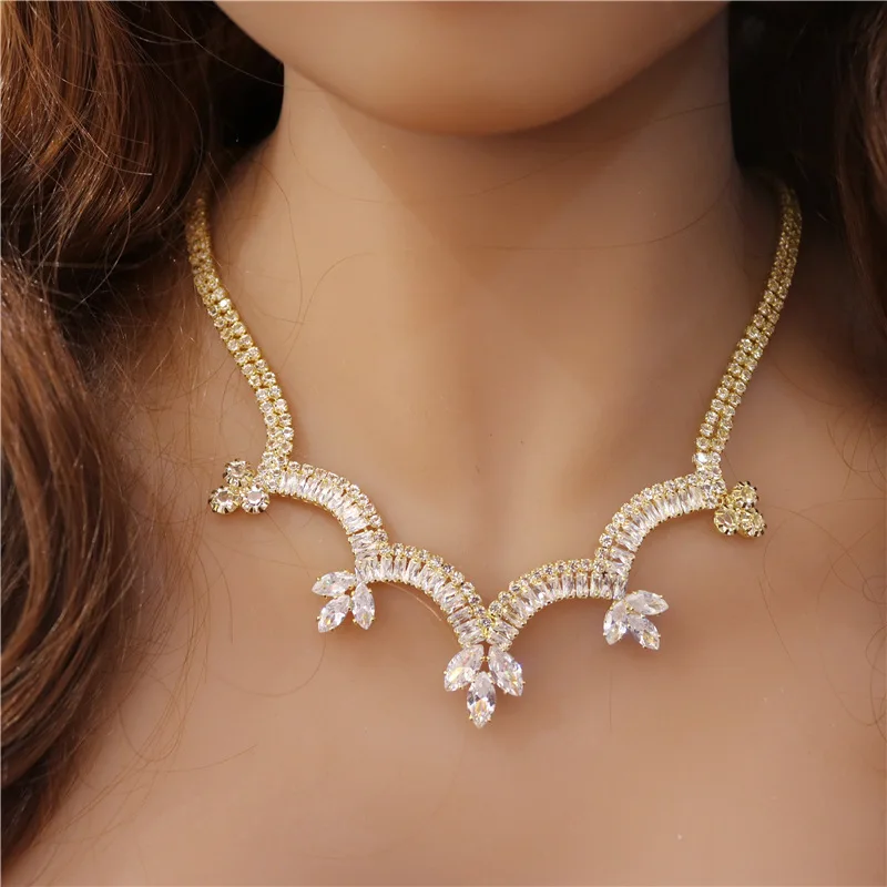 

Indian Jewelry Set New Korean Crystal Necklace Earrings Bridal Wedding Set Geometric Gold Plated Zircon Jewelry Sets for Women