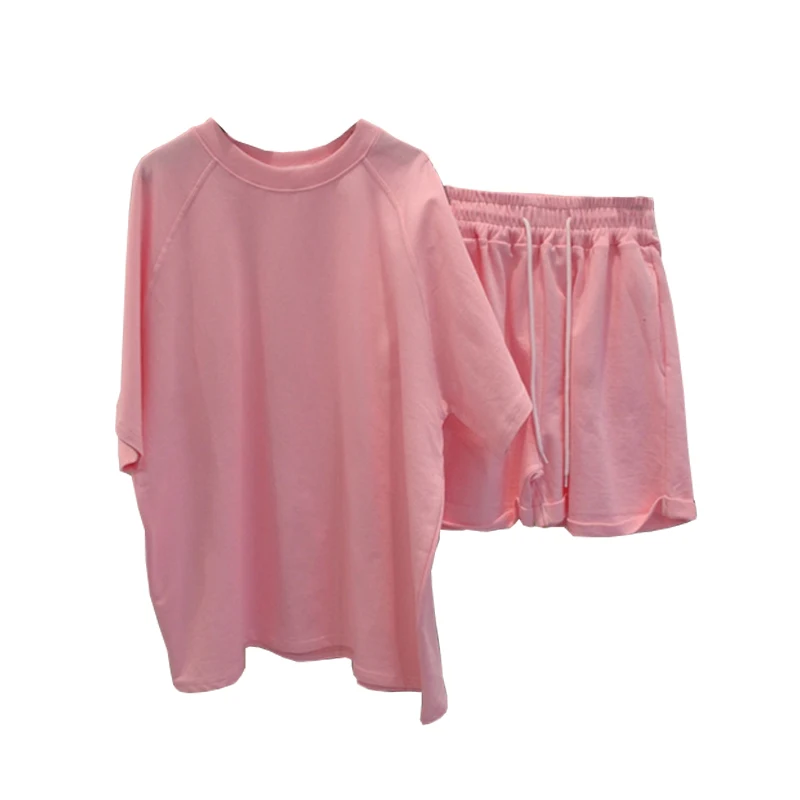 

2 sets wholesale summer new stock loose casual solid short sleeve and Shorts Set women's clothing, White, black, pink, light blue