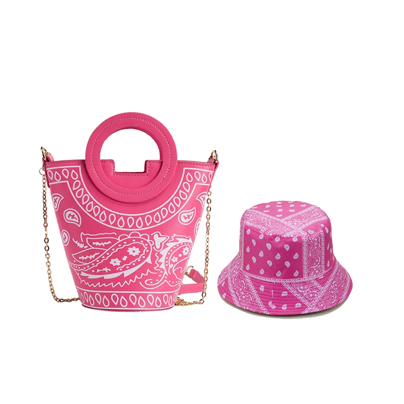 

2021 Factory Wholesale round bandana bucket bags set designer purse for women handbags ladies chain purse and hats set, The picture color