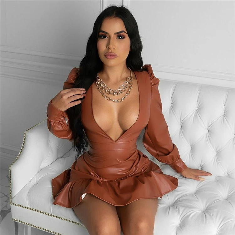 

D95234 Pu leather sexy party night club long sleeve bodycon dress