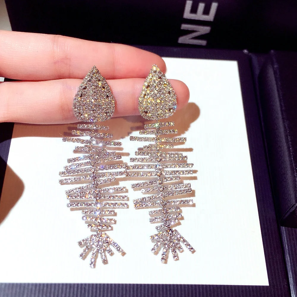 

New Fashion Korean Tassel Earrings For Women Exaggerated Rhinestone Fish Long Dangle Earrings