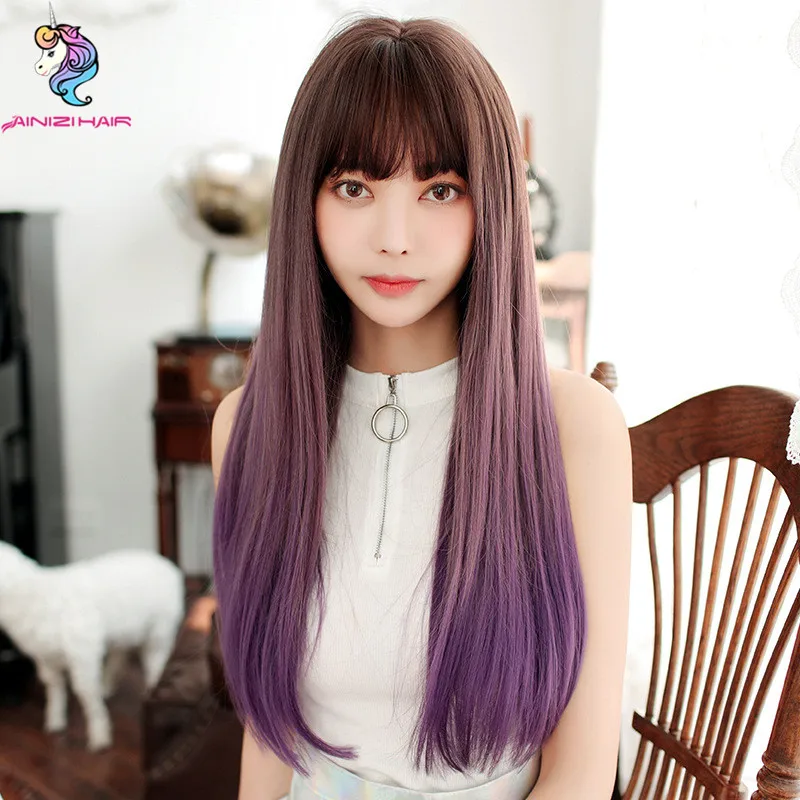 

Ainizi wholesale price high quality 26 inch Asian female color synthetic long straight hair wigs with bangs for women, Photo color