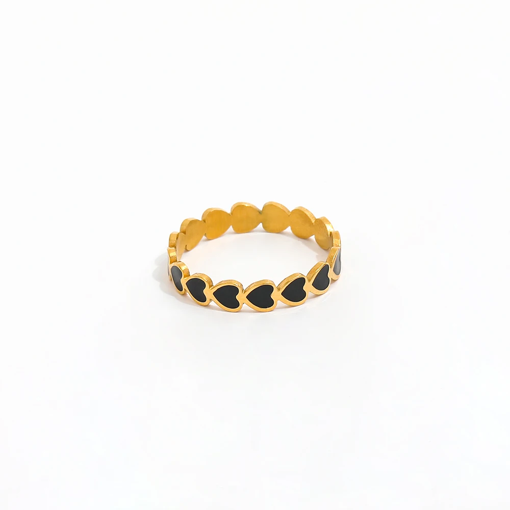 High End 18K Plain Gold Black Enamel Heart to Heart Rings Stainless Steel Trendy Simple Gold Plated Jewelry