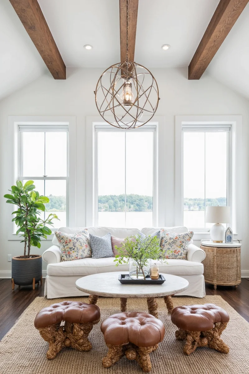 Local artwork and crafts in lake house interiors