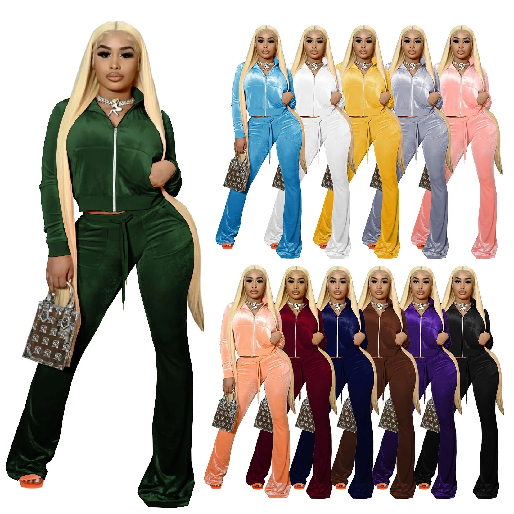 

Wide Legged Pants 2 Piece Velvet Set XS Clothing Tracksuit Two Piece Pants Set Winter Jacket Woman Hoodies, Picture color