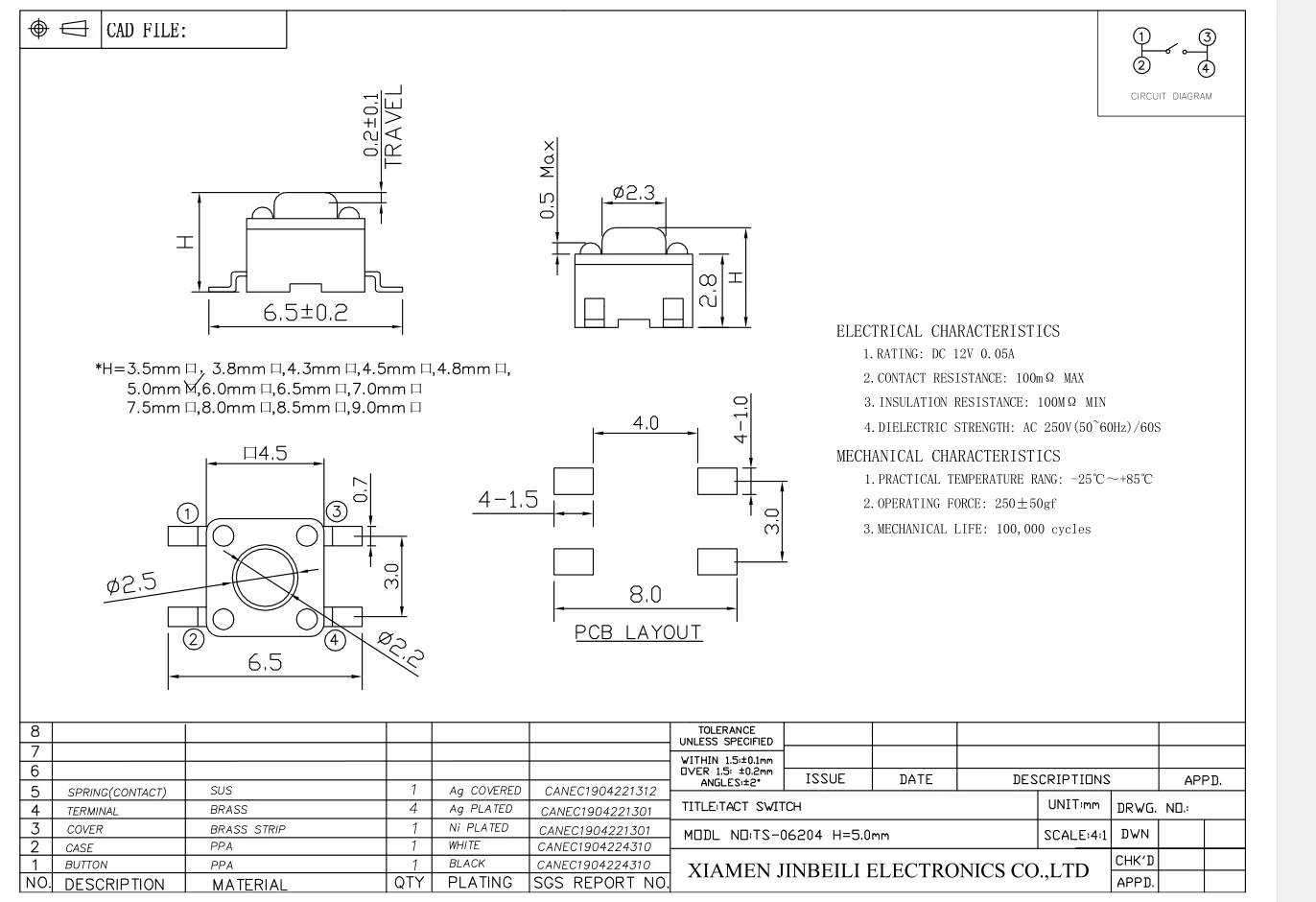 Ts-06204 4.5x4.5 Tact Switch Taktile Taster Dc 12v 0.05a ...