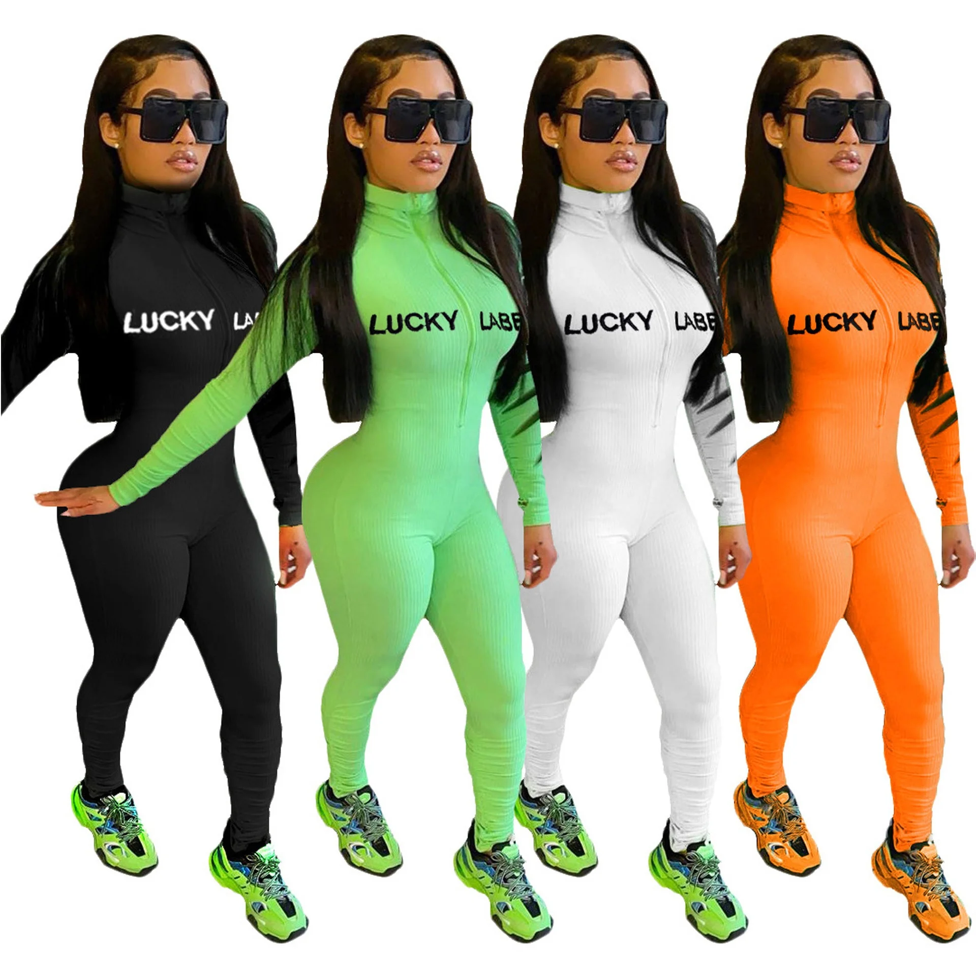 

Hot Selling 2021 Fall Winter Casual Women Ribbed Long Sleeve Turtleneck High Elastic Zipper Lucky Label Jumpsuit