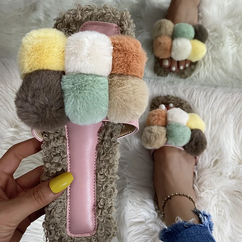 

Fashion High Quality Women's Flat Casual Slippers Indoor Fur Slippers for Ladies Comfortable Flurry Fur Ball Slides Slippers