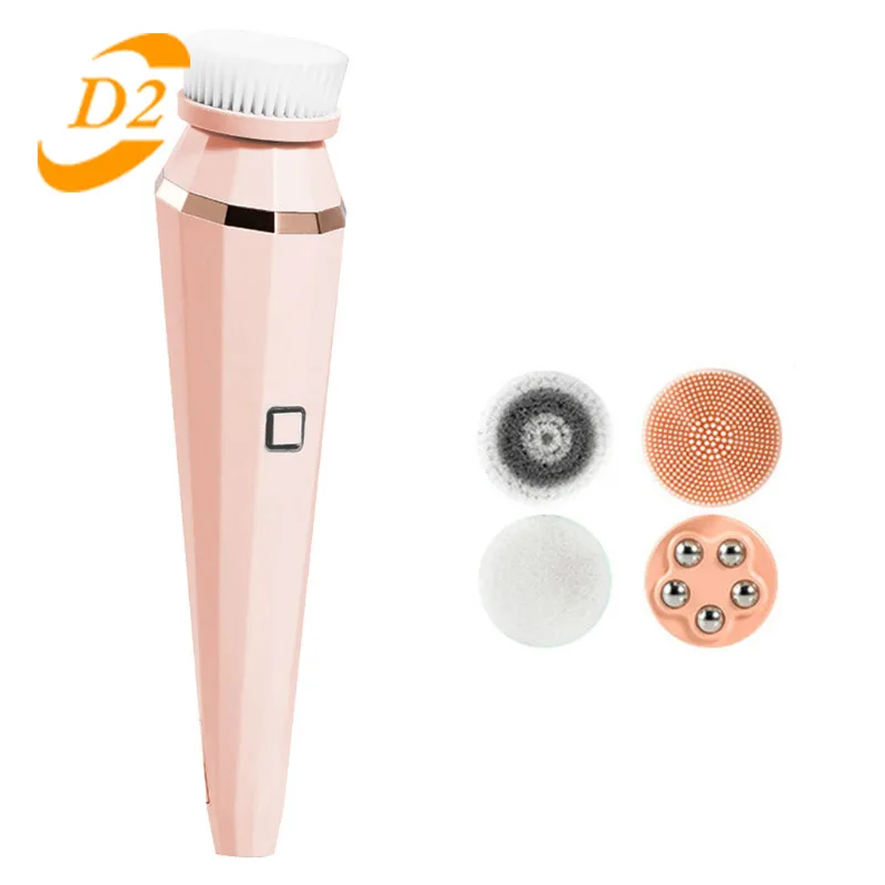 

D2 Beauty 4 in 1 Electric Facial Brush Face Skin Spa Cleansing USB Rechargeable Massager Cleaner with 4 Heads Multifunction, Pink cleansing skin deep washing massage brush