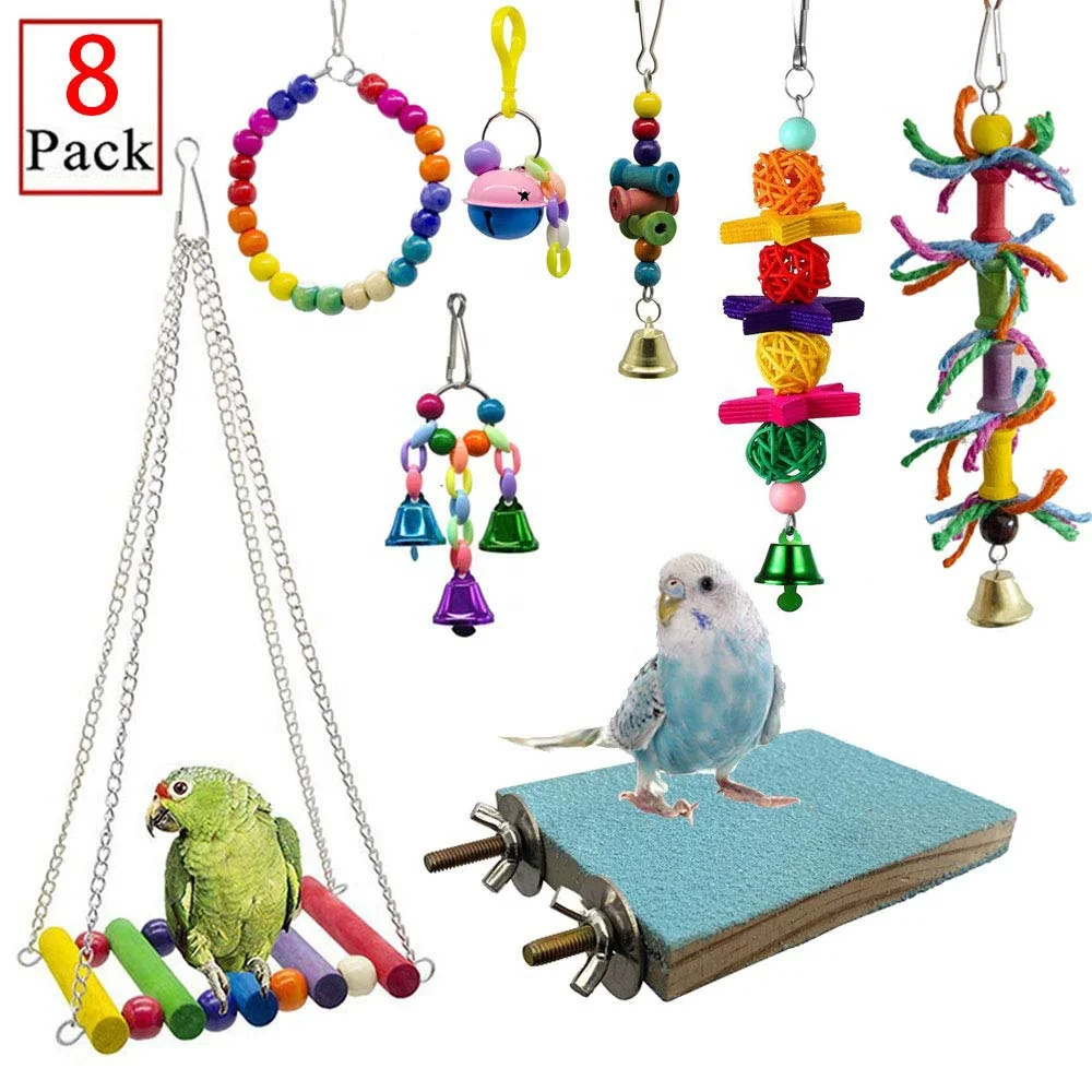 

8 Packs Bird Swing Chewing Toys- Parrot Hammock Bell Toys Suitable for Small Parakeets, Cockatiels, Conures, Finches,Budgie,Maca, Mix color