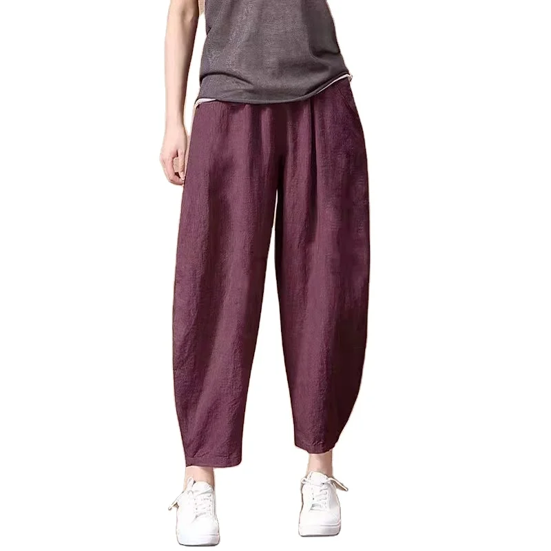 

Women's Cotton Linen Pants Elastic Waist Vintage Trousers Lady Loose Casual Pants S-4XL Retro Literary Cotton spring Trousers