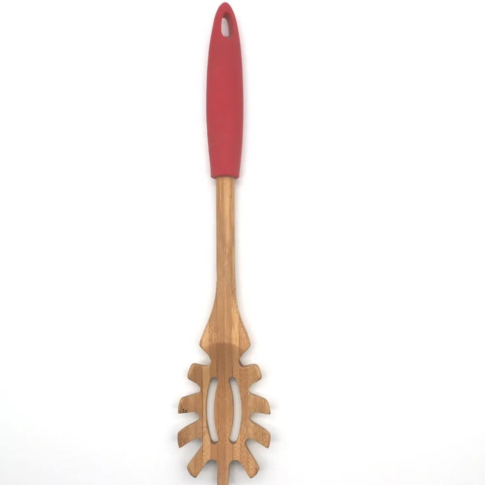 

Eco-friendly Bamboo Noodles Pasta Spoon with Red Silicone Handle, Natural