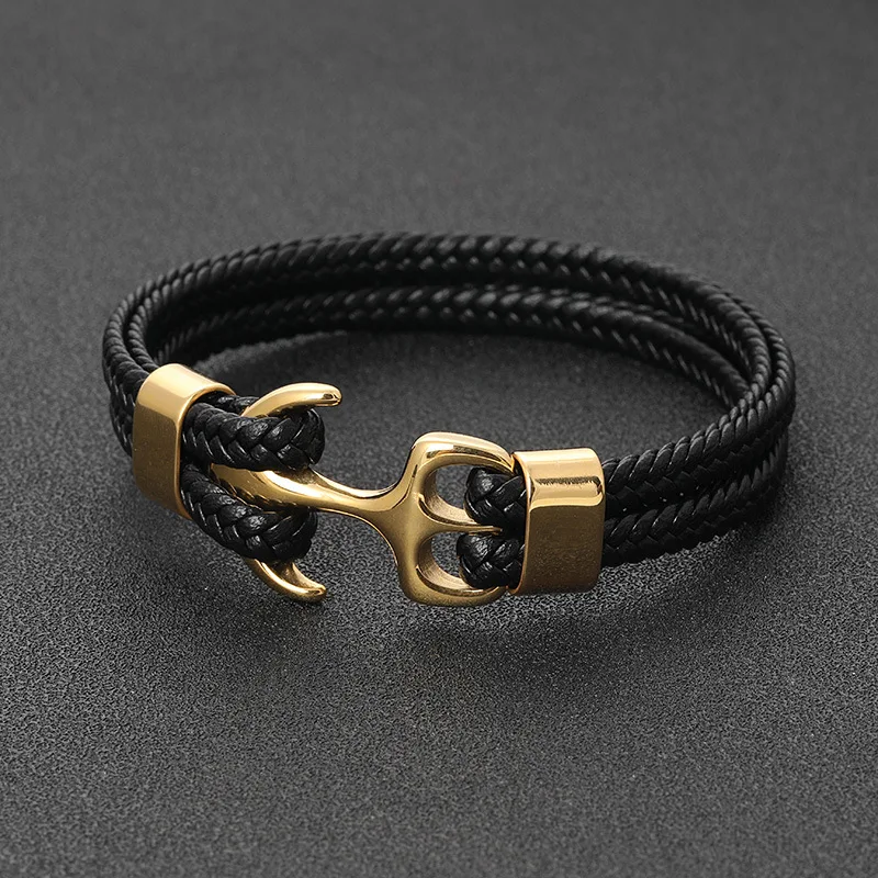 

Fine Mens Accessory High Finish Custom Stainless Steel Anchor Braided Black Leather Bracelet For Men Father's Day Gift, Picture