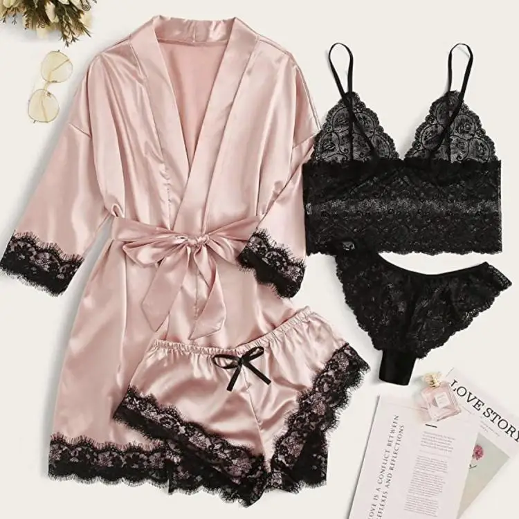 

Ready to ship breathable sexy sleepwear set ladies satin leisure 3 piece set lace soft lounge wear women robe set