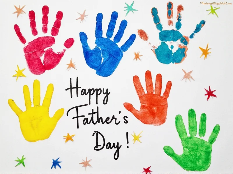 Colorful handmade Father's Day card with handprints and handwritten message