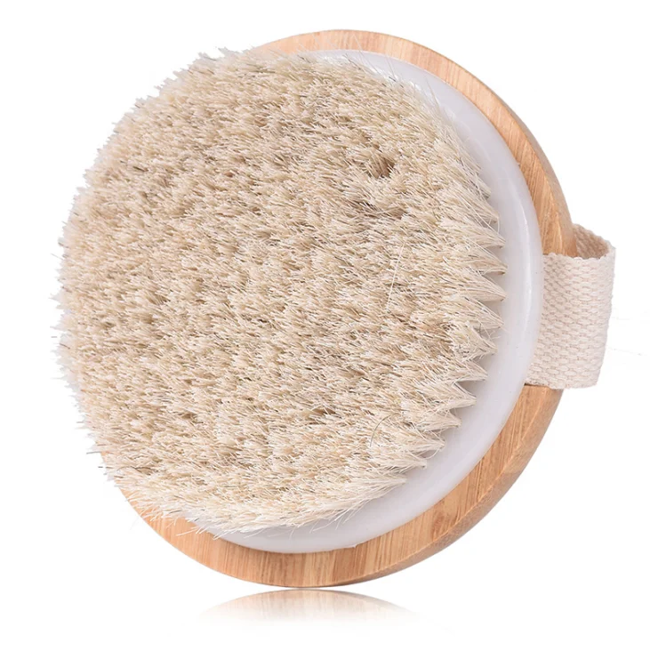 

Custom Logo Soft Horse Mane Round Design Hand Hold Bath Brush Massage Spa Bamboo Bath Brush Body Skin Cleansing Brush
