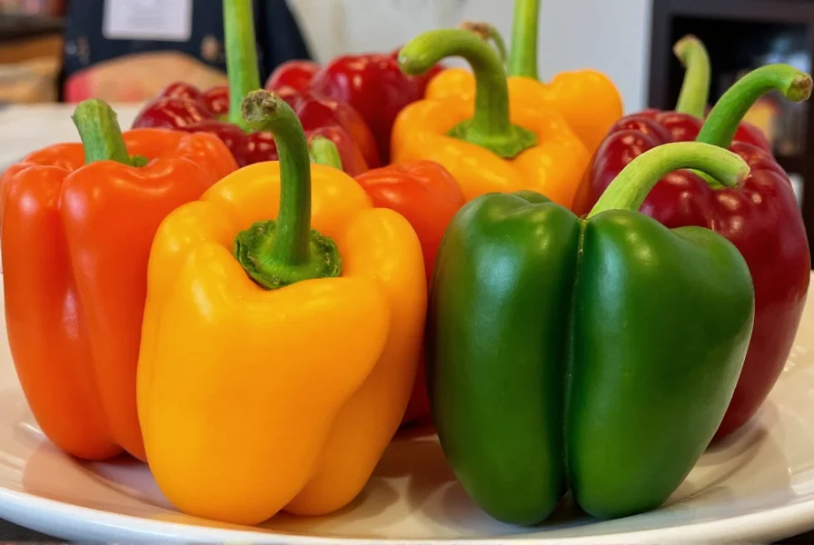 Side-by-side comparison of poblano pepper next to jalapeño and bell pepper showing size differences and color variations