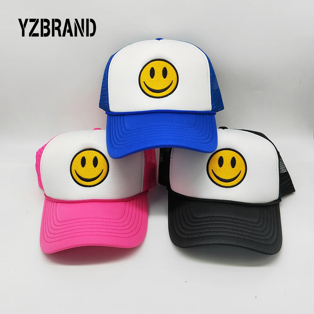 

wholesale stock hat gorras customised Embroidered Foam Mesh Back ball cap hot pink baseball caps smiley face trucker hat