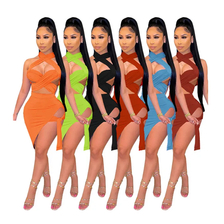 

SZ-8035 Women'S Folded Wrapped Chest Halter Sexy 2 Piece Skirt Suit