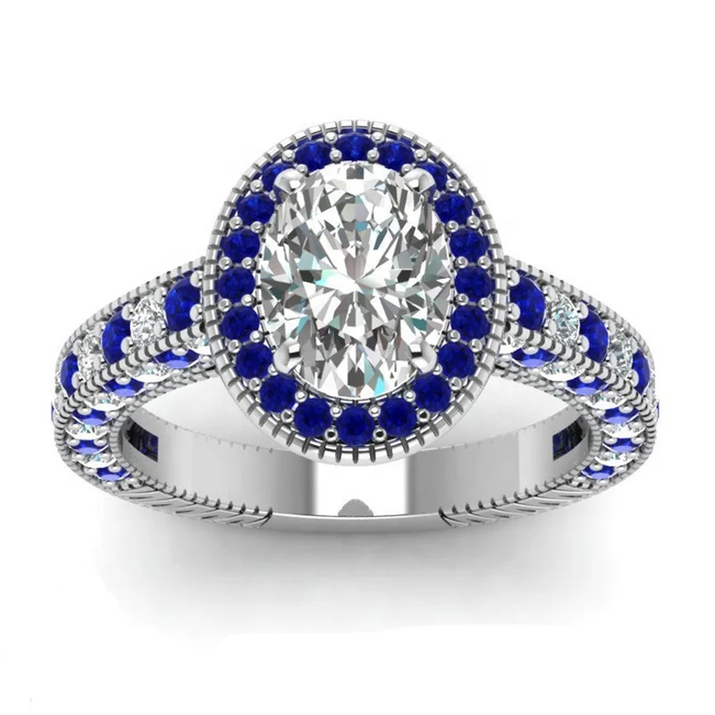 

Luxury Wedding Ring With Full Micro Paved Blue&White Cubic Zircon Prong Setting Anniversary Finger Ring Band For Women