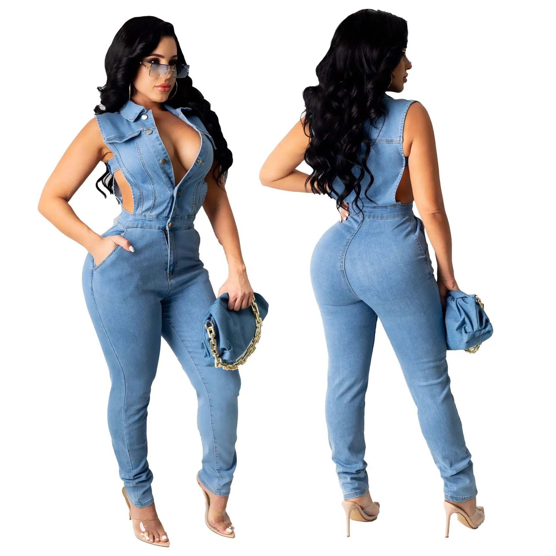 

Fall 2021 new, Europe and the United States sexy wear and fashion Jean woman decoration body jumpsuit, Orange/light blue/purple/golden