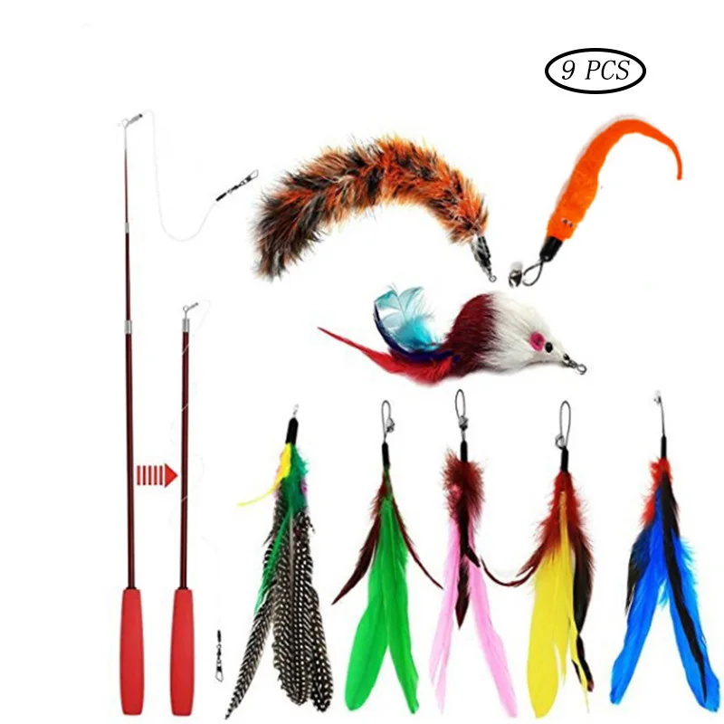 

Interactive Cat Feather Toys 2PCS Retractable Cat Wand Toy and 8 PCS Teaser Refills Worm Bird Feathers Cat Toys for Indoor Pet, See picture