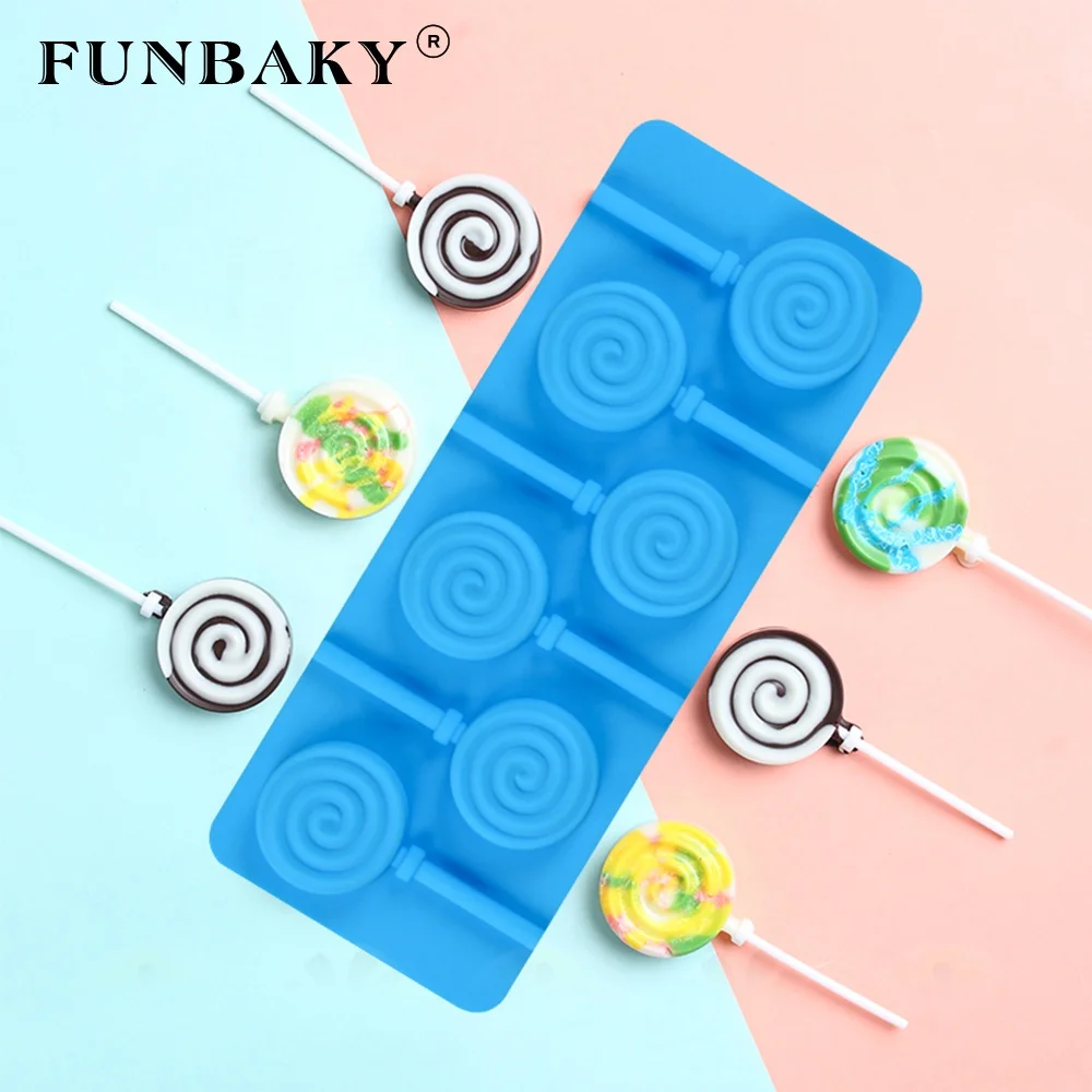 

FUNBAKY JSC1419 Candy mold 6 cavity hard candy mold round circle spiral printed shape lollipop silicone mold for shape making, Customized color