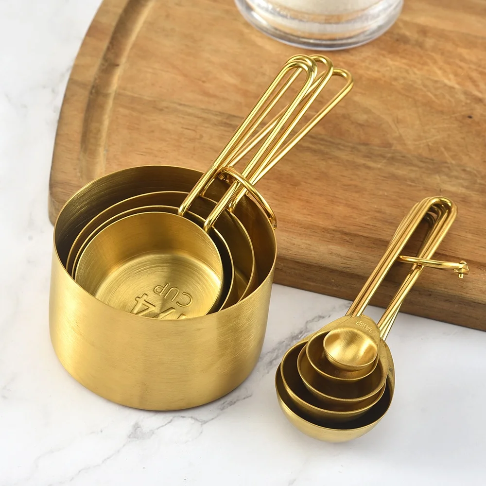 

Custom Kitchen Adjustable Metal Stainless Steel Cups Set Measuring Cup And Spoons For Powder, Gold