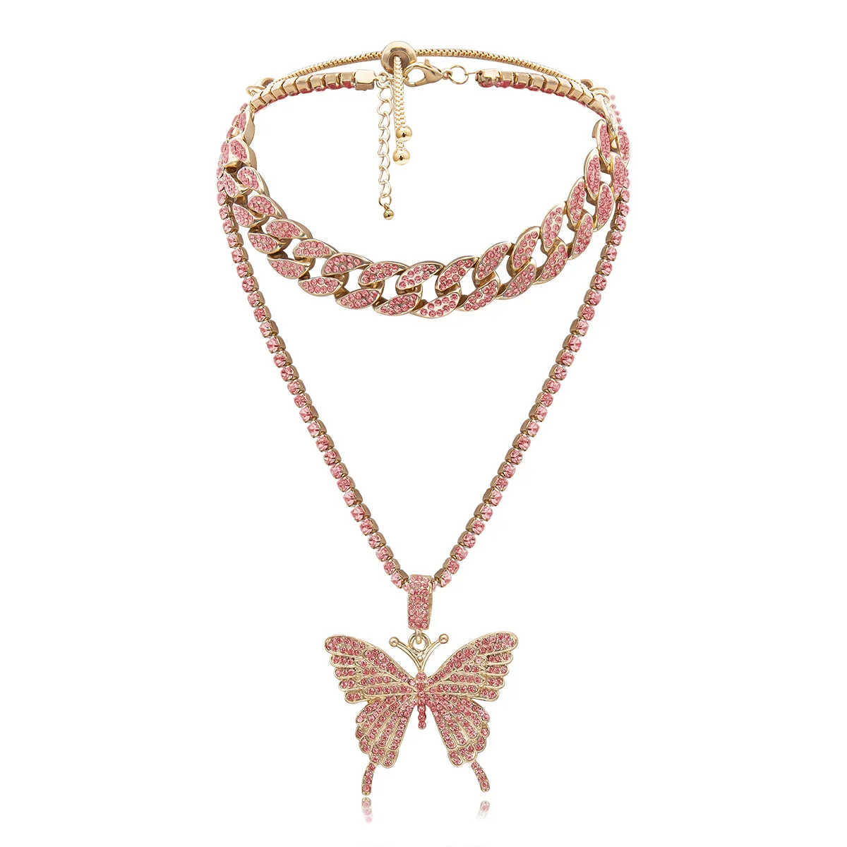 

Fine Jewelry Rose Gold Micro Pave Pink CZ Cubic Zircon Diamond Cuban Link Chain Tennis Butterfly Necklace