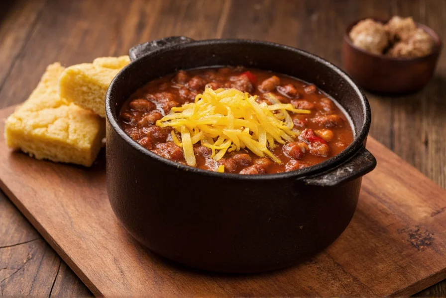 Traditional Chugwater chili served in a cast iron pot with cornbread on the side, Wyoming ranch setting