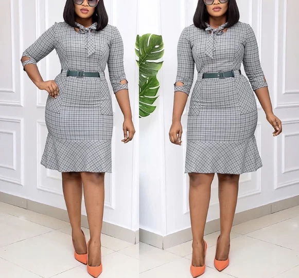

Large Size Knee Length Bowtie Collar Plaid Women Office Career Dress, As photo