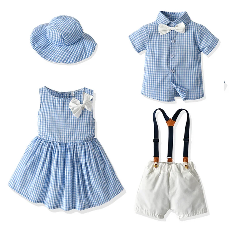 

2020 summer sister and brother costume bow tie boy short-sleeved plaid shirt suspender shorts baby 2 suit, Picture shows