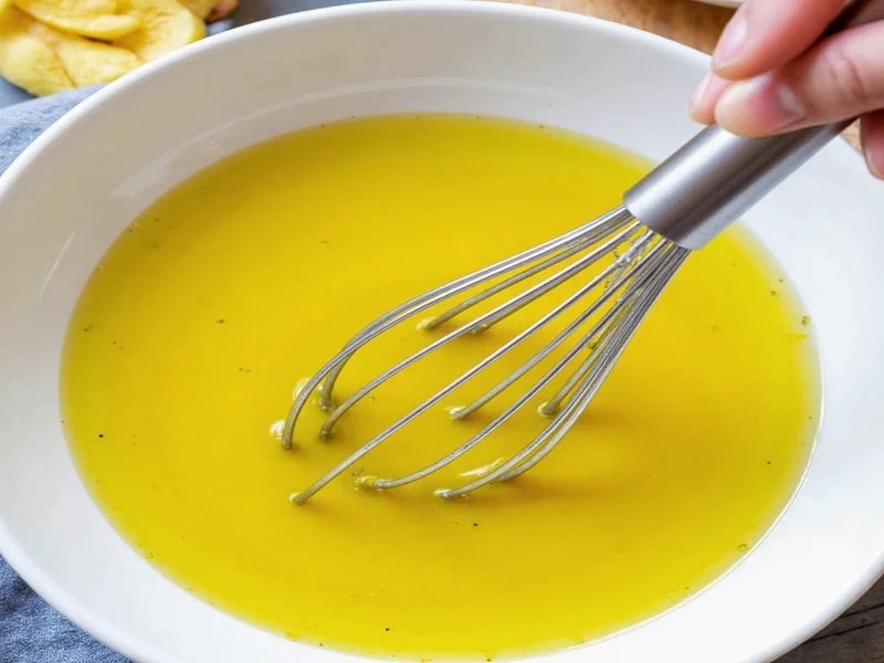 Whisking olive oil and vinegar for classic vinaigrette dressing